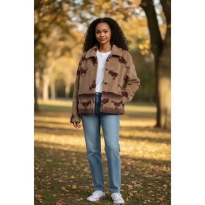 Polartec XL Western Horse Print Fleece Jacket Brown Zip Pocket Boho Ranchwear